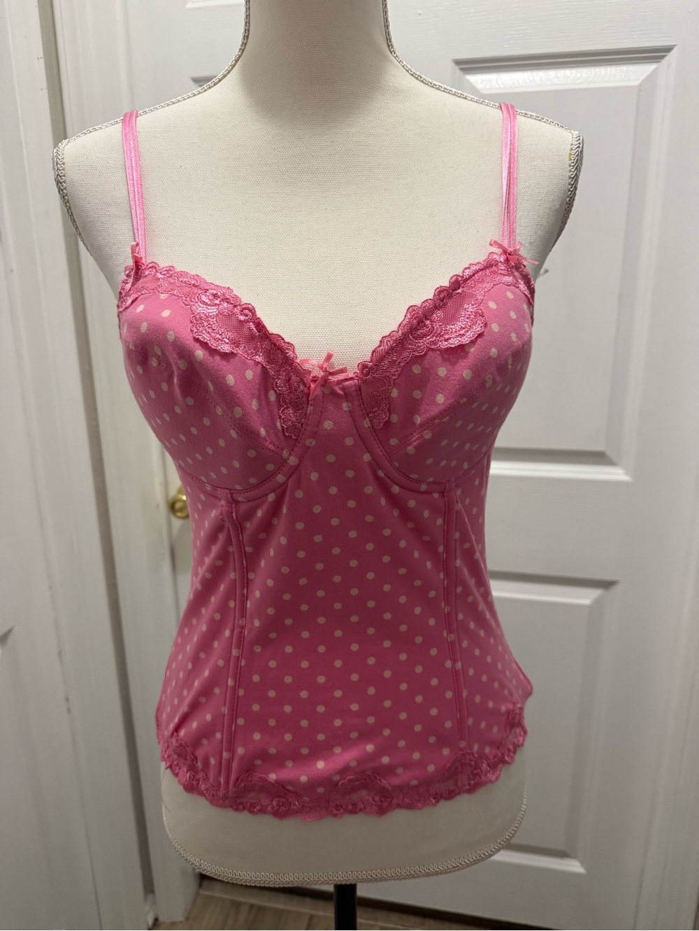 Vintage Y2K Donna Loren Gold Label Pink Polka Dot Mesh Corset Cami Top 34C